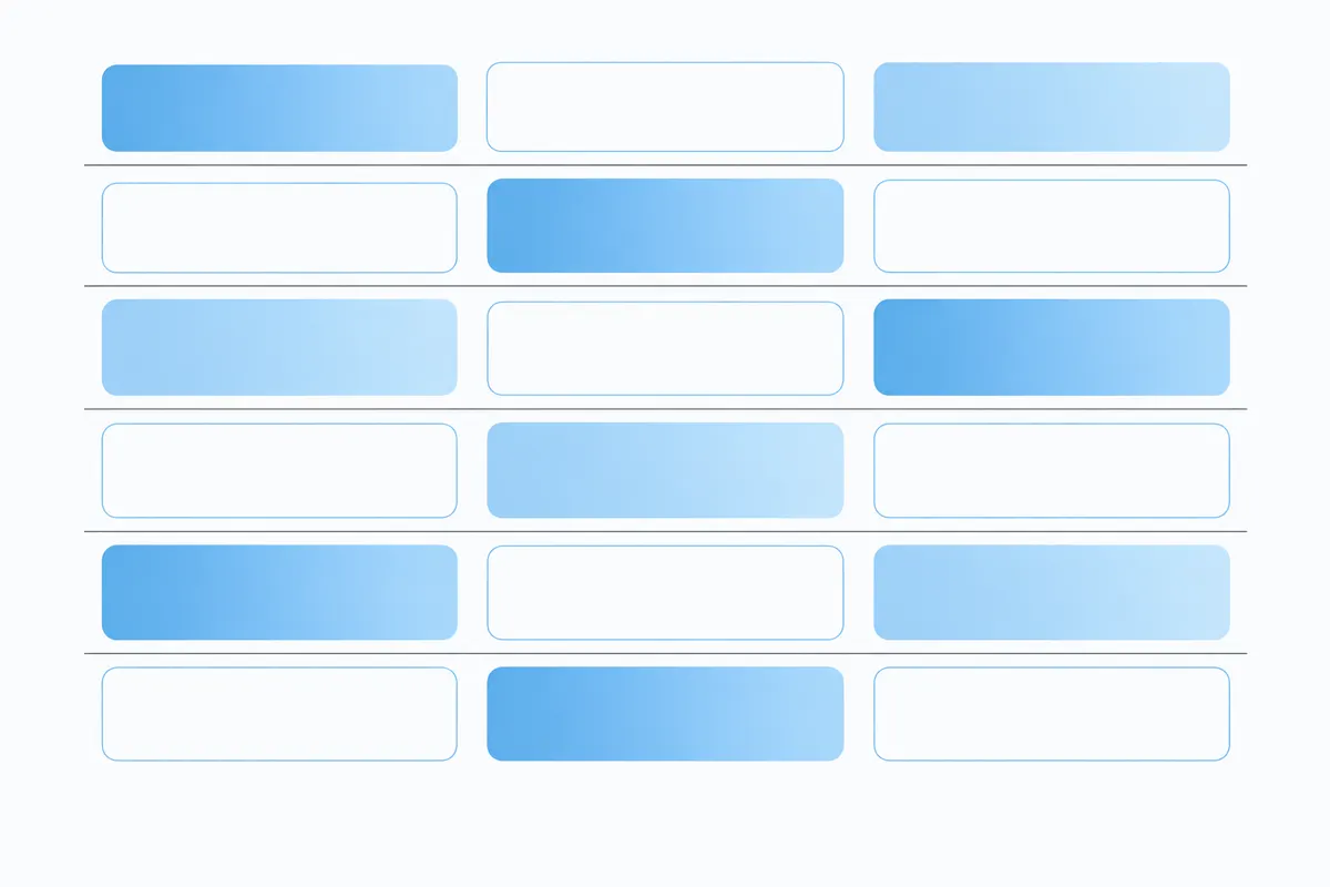 A grid of rounded tiles in three columns and six rows on white, some filled sky blue and some left as pale outlines, with thin graphite row lines