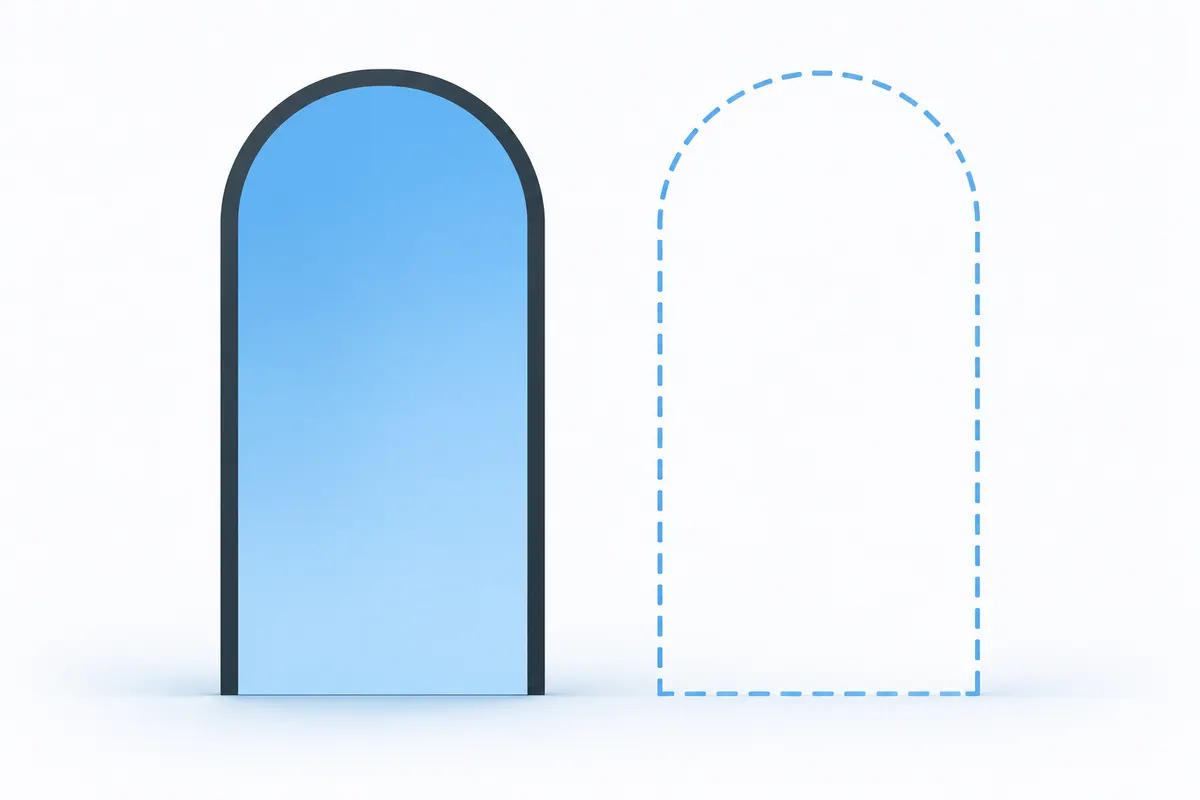 Two tall rounded arches side by side on white, the left one framed in solid graphite and filled with sky blue, the right one drawn only as a dashed sky-blue outline