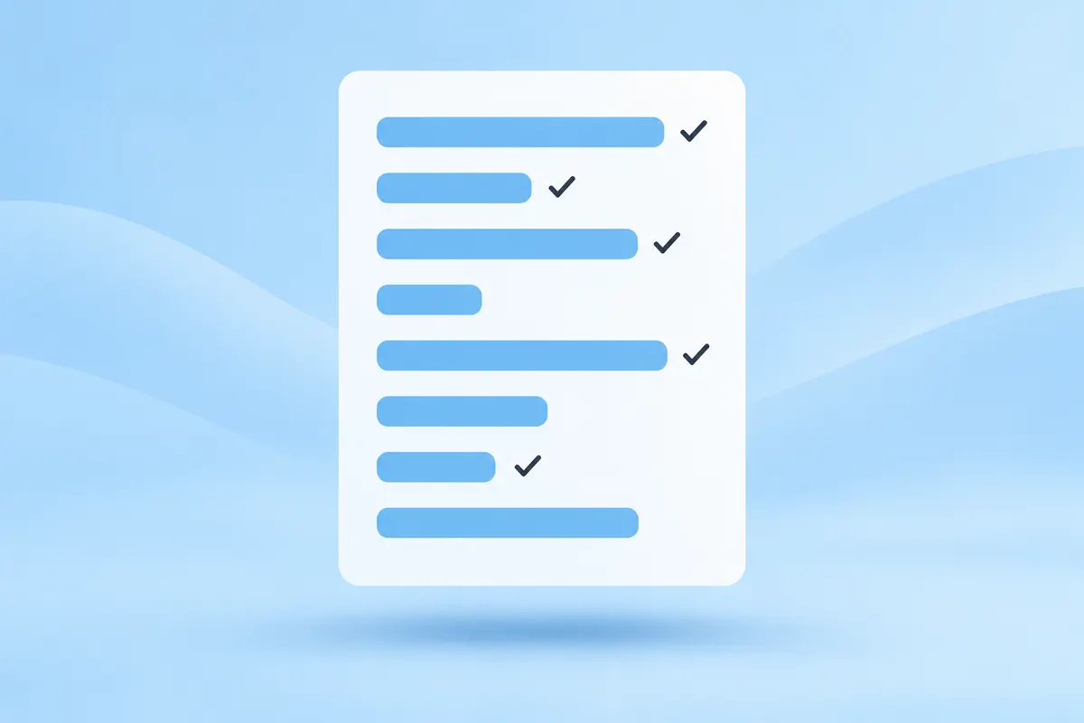 A tall rounded white sheet on a pale blue background with eight sky-blue bars of different lengths stacked down it and small graphite check marks beside several bars