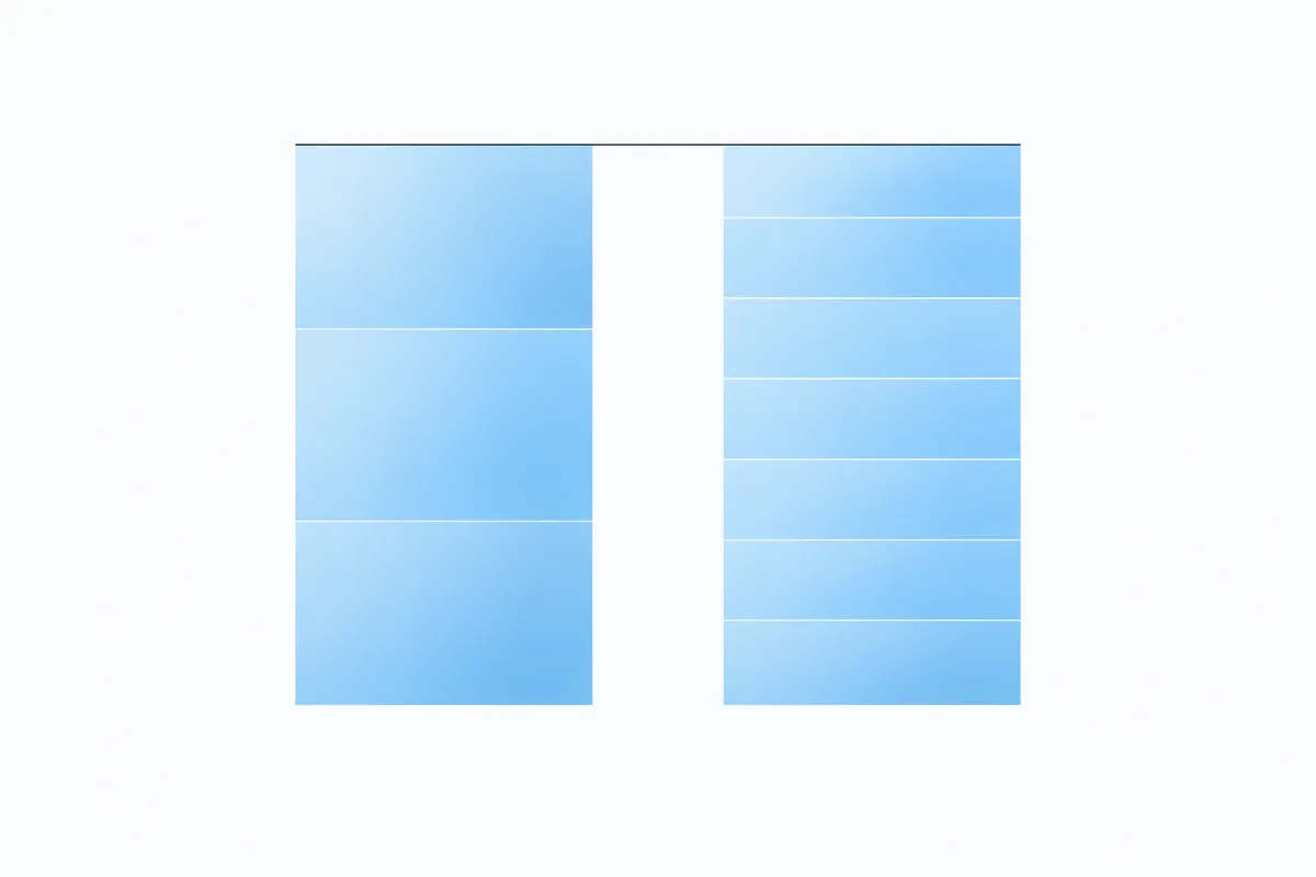 Two translucent sky-blue columns of equal height on white, the left split into three thick layers and the right into seven thin ones, joined at the top by a thin graphite line