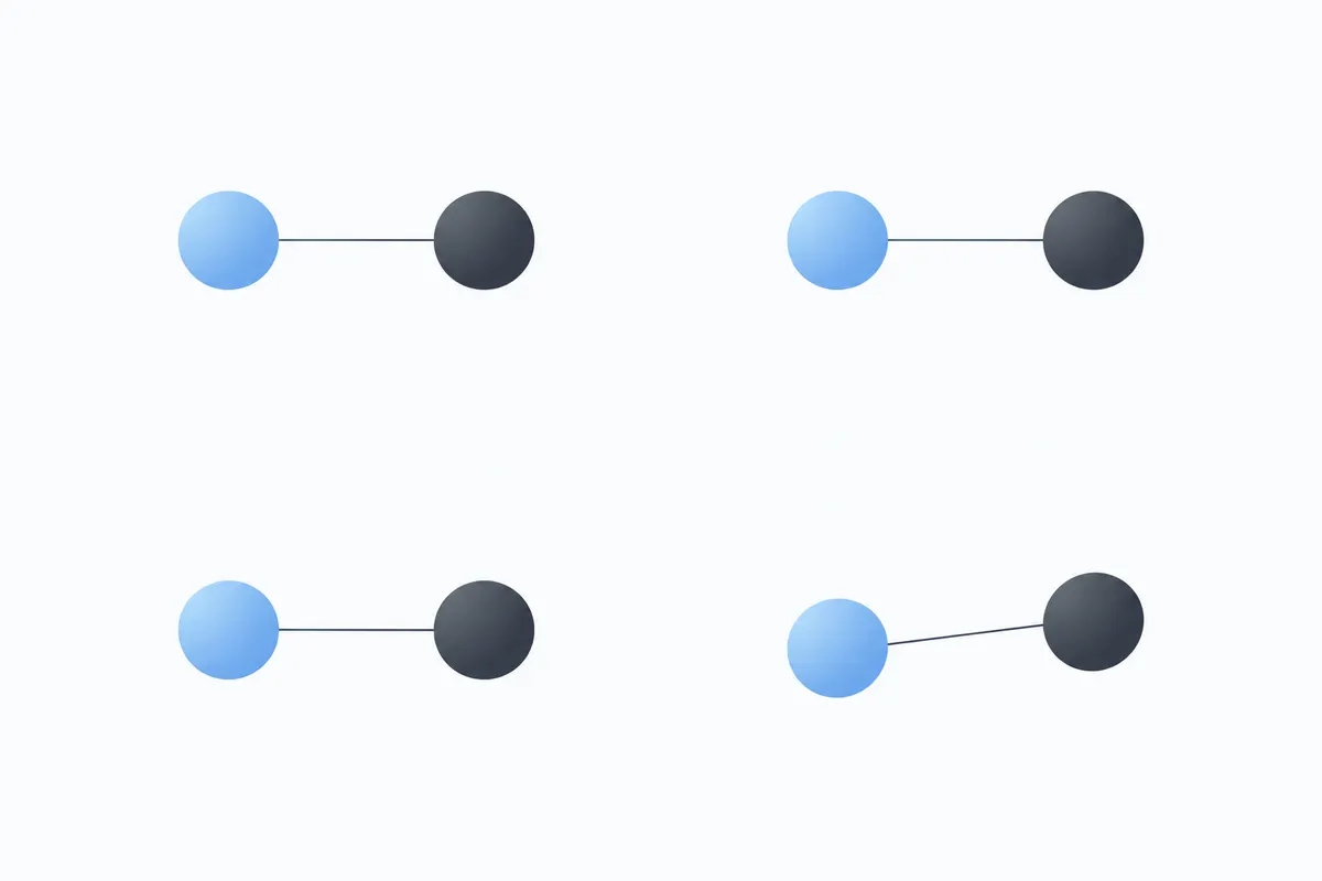 Four pairs of small circles on white, each a sky-blue circle linked to a graphite circle by a thin line, three pairs level and one pair slightly offset