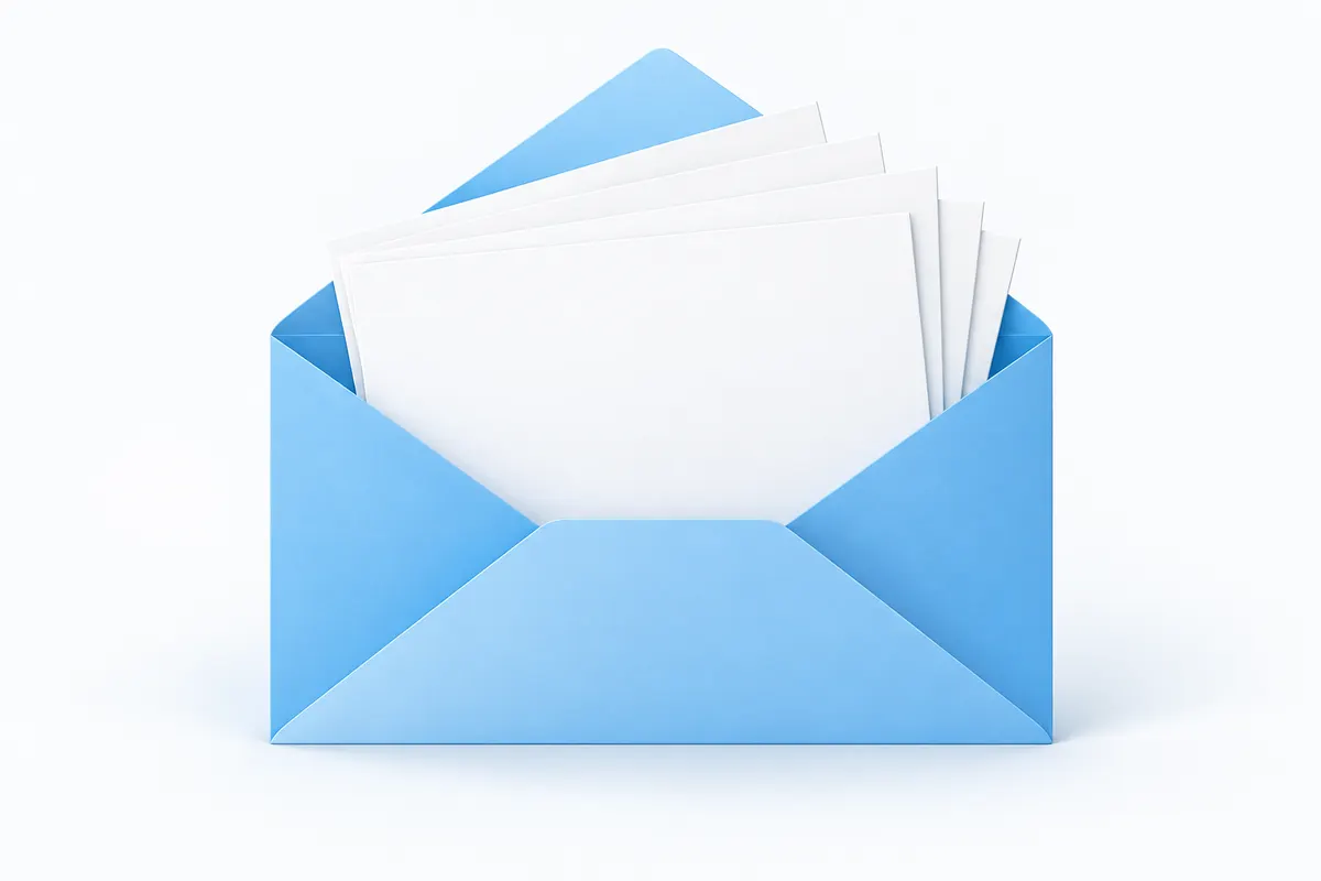 An open envelope shape of folded sky-blue planes on white holding a neat stack of thin blank white cards fanning slightly above its edge