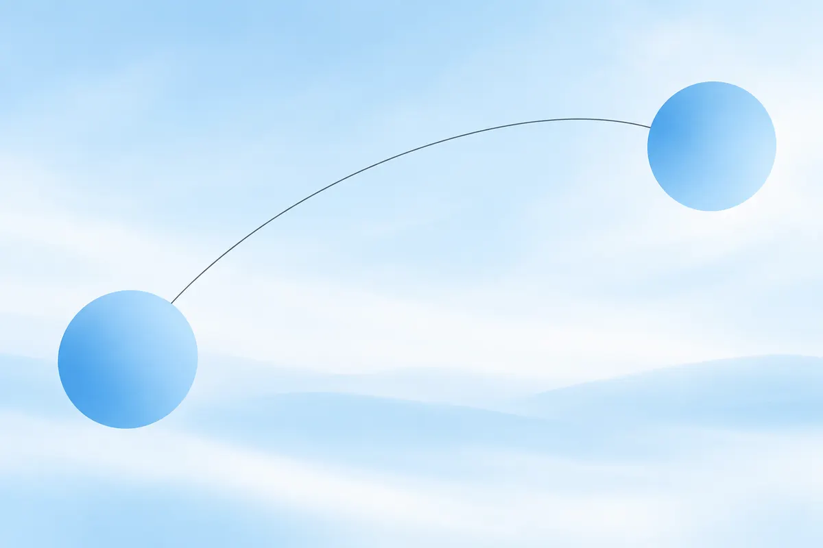 Two soft blue circles joined by a thin graphite arc across a pale sky background, suggesting a link between two distant places