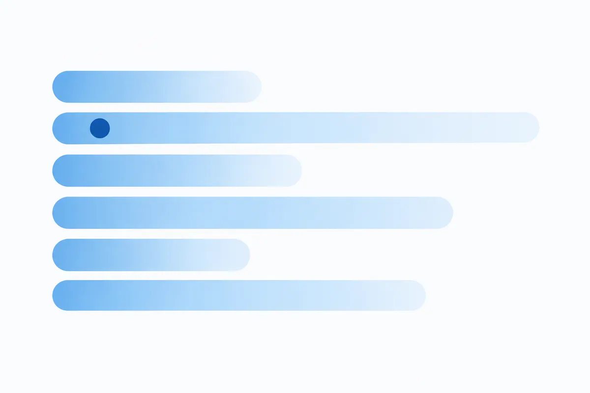 Pale sky-blue horizontal bands of different lengths arranged like a short itinerary, with one band marked by a deeper blue dot near its start