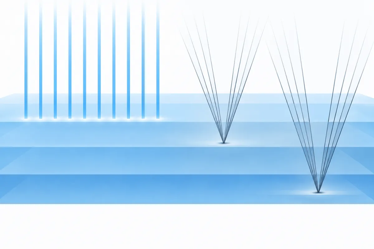 Horizontal translucent layers in graded sky-blue tones; on the left, parallel vertical beams stop at one shallow layer, and on the right, graphite beams converge to small points at deeper layers