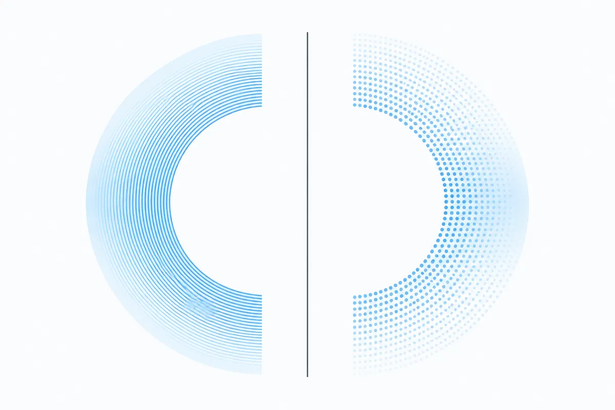 Two matching sky-blue arcs mirrored either side of a thin vertical graphite line on white, one filled with fine parallel lines and the other with small dots