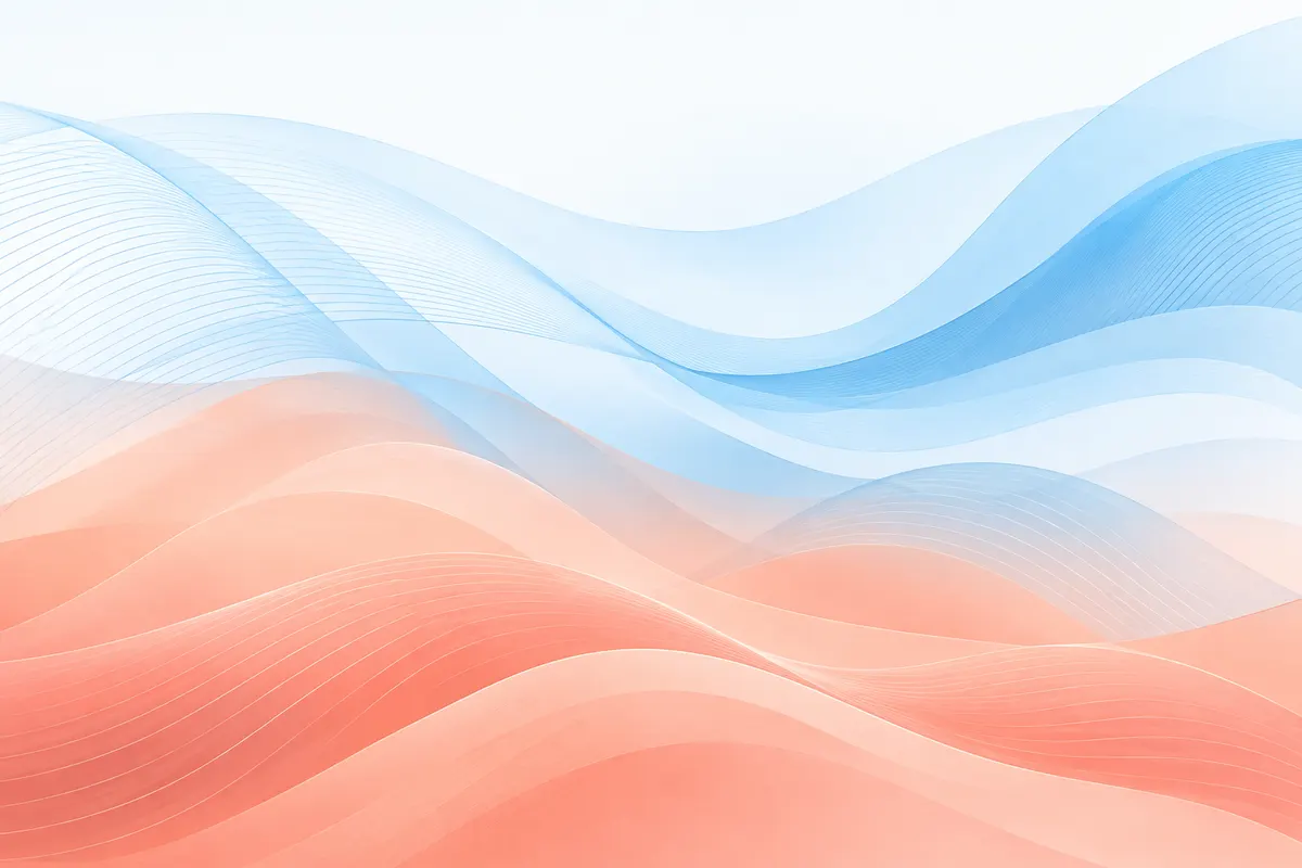 Soft warm coral ripples rising from the bottom of a white field, met from above by pale sky-blue drifting lines that cool the colour where they overlap