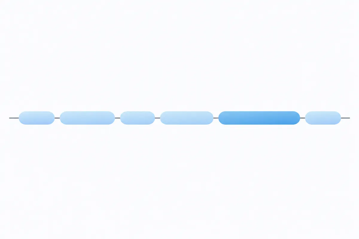 Six rounded segments of different lengths laid end to end along a thin graphite line, all pale sky blue except one longer, deeper blue segment near the end