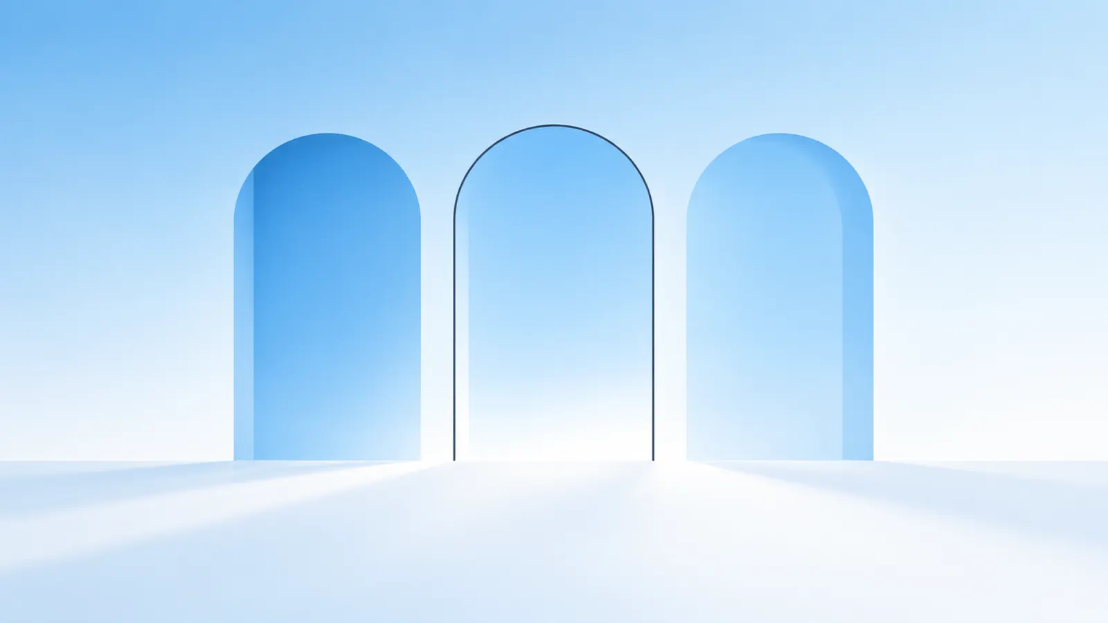 Three tall rounded arches in graded sky-blue tones on a white plane, the middle arch traced with a fine graphite outline
