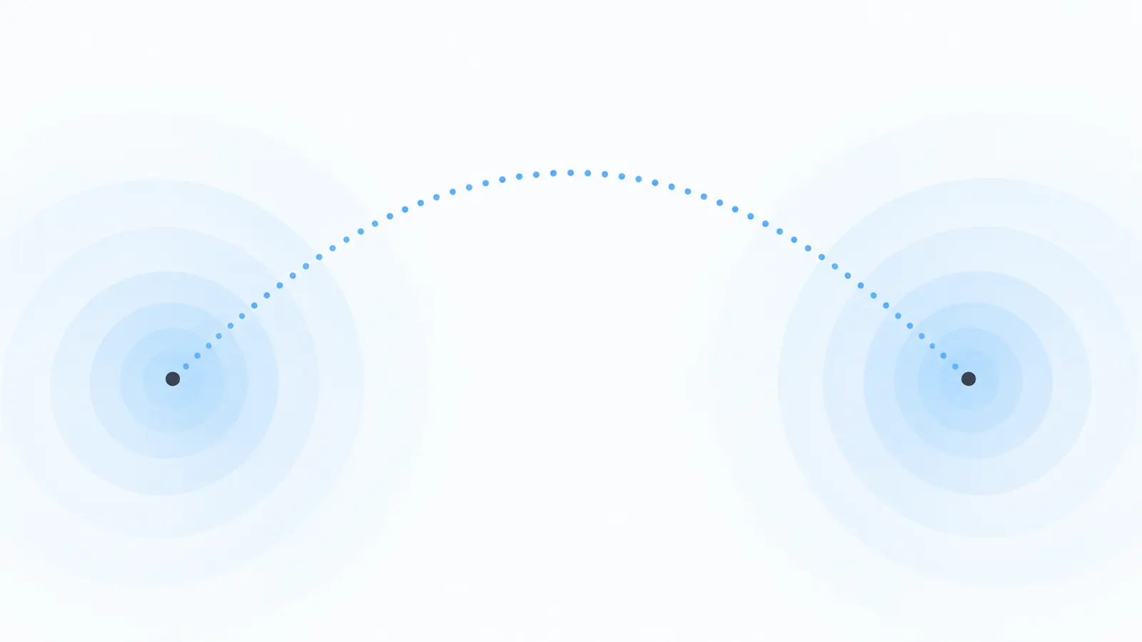 A sky-blue dotted arc like a flight path passing over pale concentric rings on white, with a small graphite dot at each end