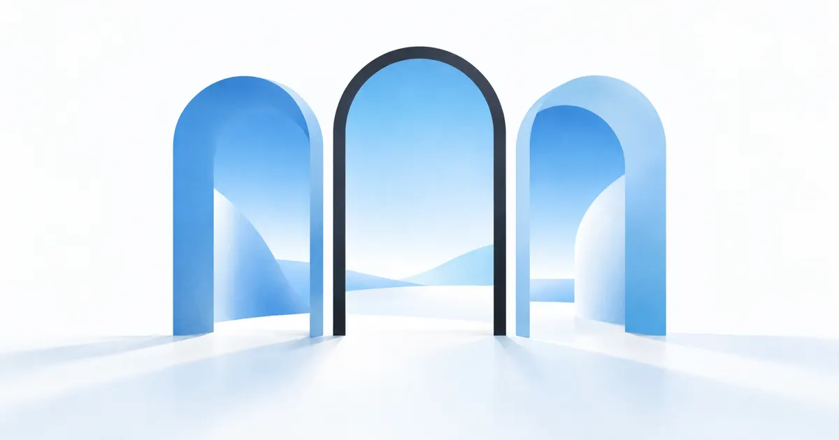Three rounded arches in sky-blue tones on white, the middle one outlined in graphite