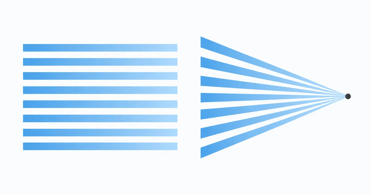 Parallel sky-blue lines beside lines converging to a point, on white